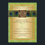 Hindu Ganesh Groen, Gouden Peacock Bruiloft Uitnod Kaart<br><div class="desc">Was jouw liefde in de sterren geschreven? Deze dramatische groene en gouden bruiloft uitnodiging heeft een centraal bruin en goud FAUX gegraveerd look medaillon met de hindoegod Ganesh erop, liggend over een band van rijk gekleurde pauwenveren, omgeven door een felgroene rand. Er zit ook een gouden GEDRUKTE glitterrand op, en...</div>