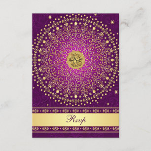 Hindu Ganesh Paarse Gold Scroll Wedding RSVP Kaart