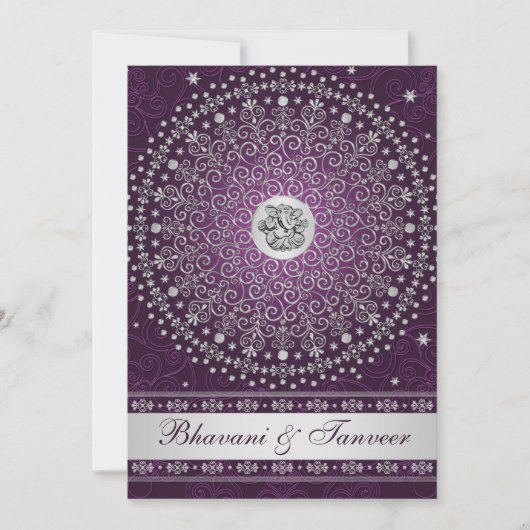 Hindu Ganesh Paarse Silver Scroll Wedding Invite 2 Kaart (Voorkant)