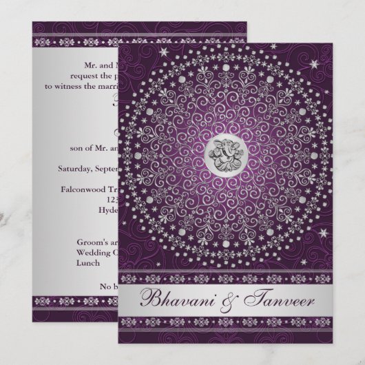 Hindu Ganesh Paarse Silver Scroll Wedding Invite 2 Kaart (Voorkant / Achterkant)