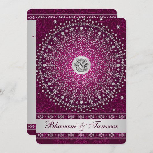 Hindu Ganesh Plum, Silver Scrolls Wedding Invite 2 Kaart (Voorkant / Achterkant)