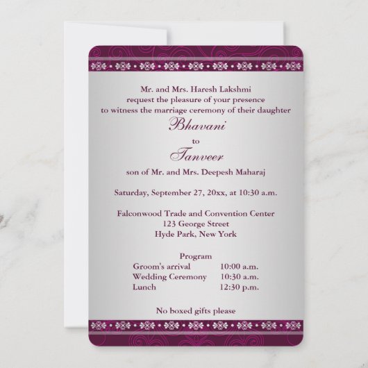 Hindu Ganesh Plum, Silver Scrolls Wedding Invite 2 Kaart (Achterkant)
