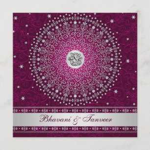 Hindu Ganesh Plum, Silver Scrolls Wedding Invite Kaart