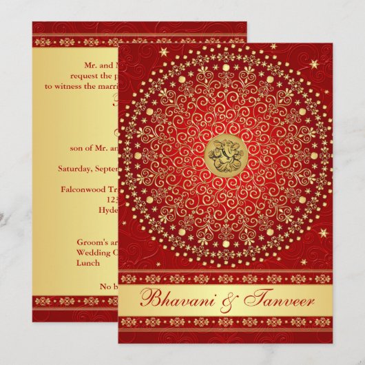 Hindu Ganesh Red Gold Scroll Wedding Invite 2 Kaart (Voorkant / Achterkant)