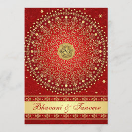 Hindu Ganesh Red Gold Scroll Wedding Invite 2 Kaart