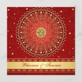 Hindu Ganesh Red, Gold Scroll Wedding Invite Kaart