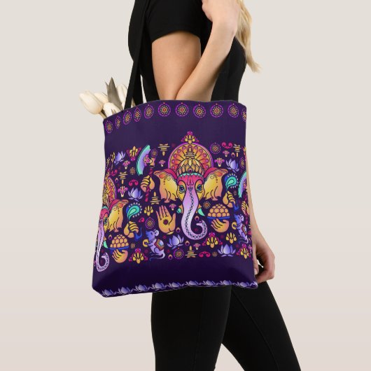 Hindu God Ganesha en Indische symbolen in strips Tote Bag (Dichtbij)