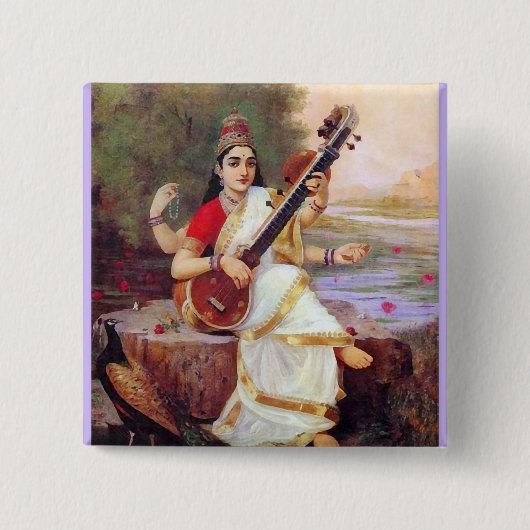 Hindu Goddess Saraswati Vierkante Button 5,1 Cm (Voorkant)