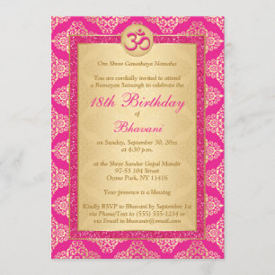 Hindu Magenta Pink, Gold Damask 18e verjaardag Kaart