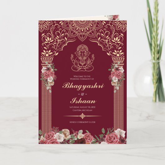 Hindu Wedding Ceremony Red, Gold, roze Floral Programma (Voorkant)