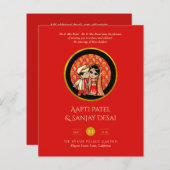 Hindu Wedding Invitting Red Gold Cartoon Couple (Voorkant / Achterkant)