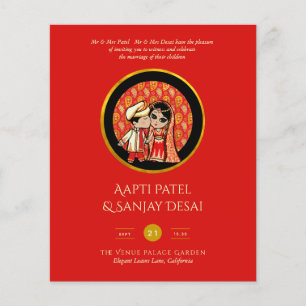 Hindu Wedding Invitting Red Gold Cartoon Couple