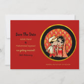 Hindu Wedding Invitting Red Gold Cartoon Couple Kaart (Voorkant)