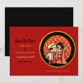 Hindu Wedding Invitting Red Gold Cartoon Couple Kaart (Voorkant / Achterkant)