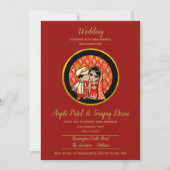Hindu Wedding Invitting Red Gold Cartoon Couple Kaart (Voorkant)