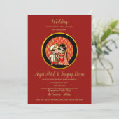 Hindu Wedding Invitting Red Gold Cartoon Couple Kaart (Staand voorkant)