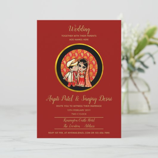 Hindu Wedding Invitting Red Gold Cartoon Couple Kaart (Staand voorkant)