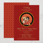 Hindu Wedding Invitting Red Gold Cartoon Couple Kaart (Voorkant / Achterkant)