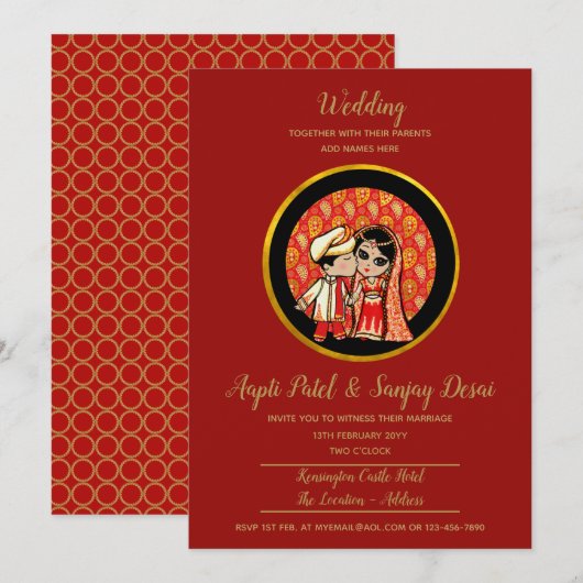 Hindu Wedding Invitting Red Gold Cartoon Couple Kaart (Voorkant / Achterkant)