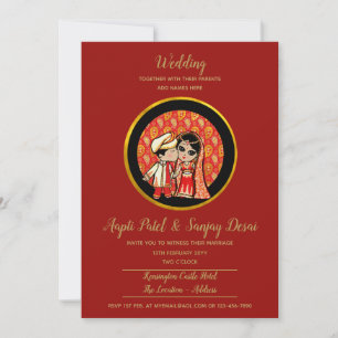 Hindu Wedding Invitting Red Gold Cartoon Couple Kaart