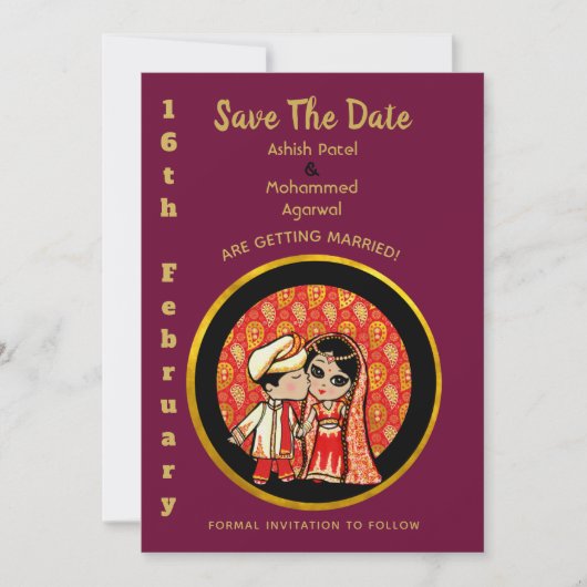 Hindu Wedding Invitting Red Gold Cartoon Couple Kaart (Voorkant)