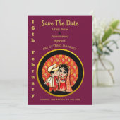 Hindu Wedding Invitting Red Gold Cartoon Couple Kaart (Staand voorkant)