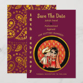 Hindu Wedding Invitting Red Gold Cartoon Couple Kaart (Voorkant / Achterkant)
