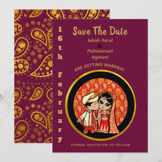 Hindu Wedding Invitting Red Gold Cartoon Couple Kaart (Voorkant / Achterkant)