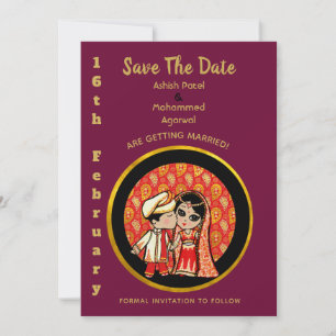 Hindu Wedding Invitting Red Gold Cartoon Couple Kaart