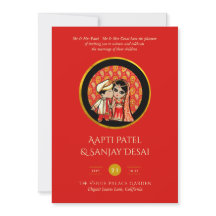 Hindu Wedding Invitting Red Gold Cartoon Couple