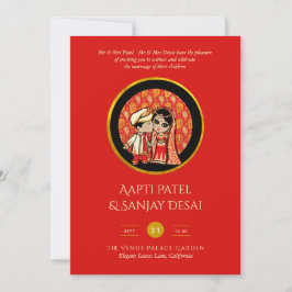 Hindu Wedding Invitting Red Gold Cartoon Couple Kaart