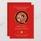Hindu Wedding Invitting Red Gold Cartoon Couple Kaart (Voorkant / Achterkant)