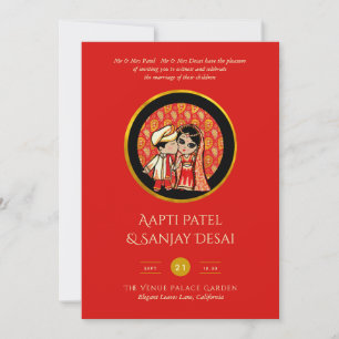 Hindu Wedding Invitting Red Gold Cartoon Couple Kaart