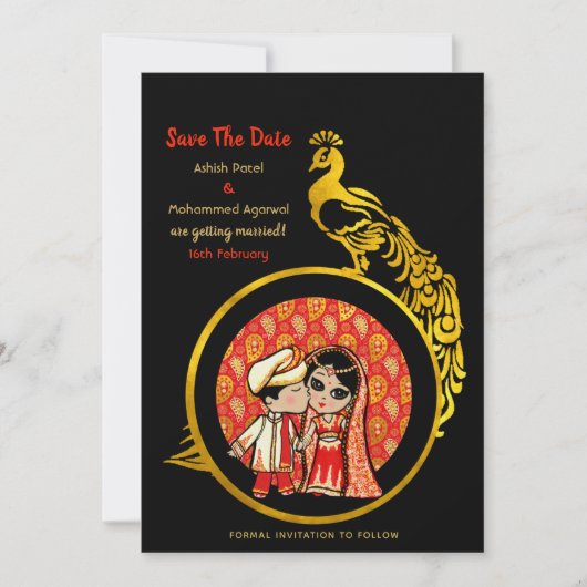 Hindu Wedding Invitting Red Gold Cartoon Couple Save The Date (Voorkant)