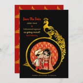 Hindu Wedding Invitting Red Gold Cartoon Couple Save The Date (Voorkant / Achterkant)