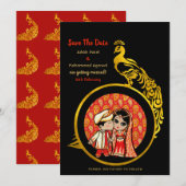 Hindu Wedding Invitting Red Gold Cartoon Couple Save The Date (Voorkant / Achterkant)