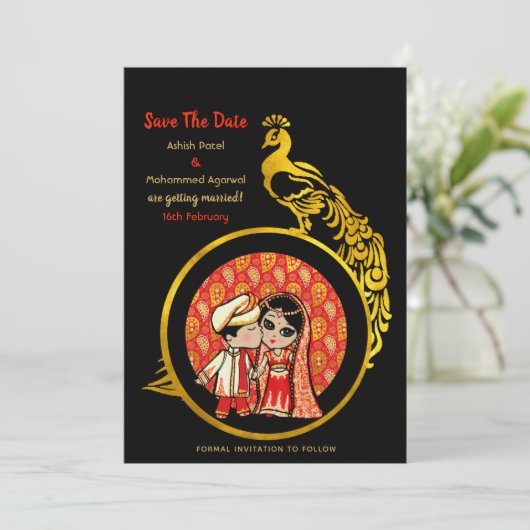 Hindu Wedding Invitting Red Gold Cartoon Couple Save The Date (Staand voorkant)