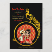 Hindu Wedding Invitting Red Gold Cartoon Couple Save The Date (Voorkant)
