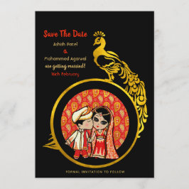 Hindu Wedding Invitting Red Gold Cartoon Couple Save The Date