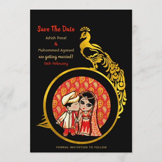 Hindu Wedding Invitting Red Gold Cartoon Couple Save The Date (Voorkant)
