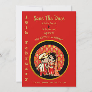 Hindu Wedding Invitting Red Gold Cartoon Couple Save The Date