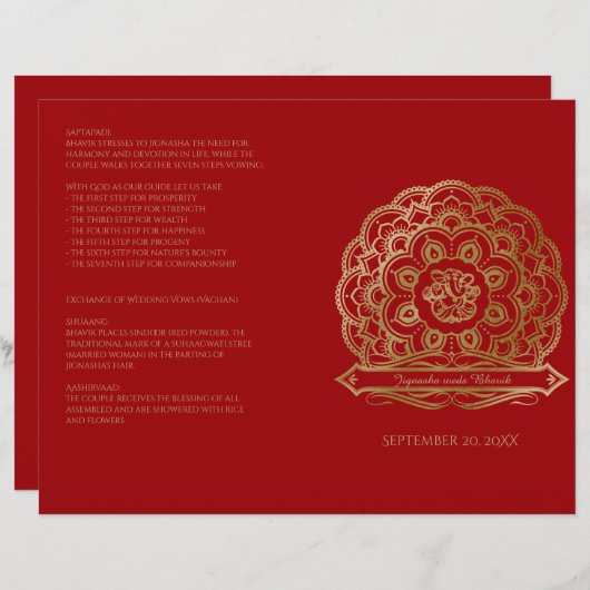 Hindu Wedding Program voor Rode en Gold Mandala (Voorkant / Achterkant)