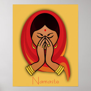 Hindu Woman met Head Scarf in Namaste Greeting Poster