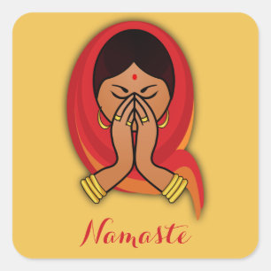 Hindu Woman met Head Scarf in Namaste Greeting Vierkante Sticker