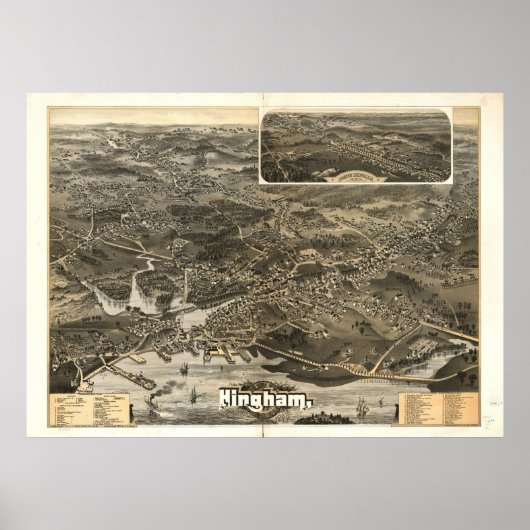 Hingham Massachusetts 1885 Antiek Panoramische Kaa Poster (Voorkant)