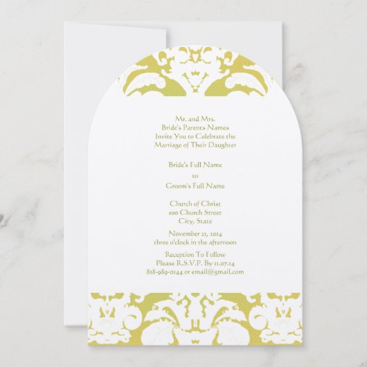 Hints van Butter Yellow Lime Green Damask Wedding Kaart (Voorkant)