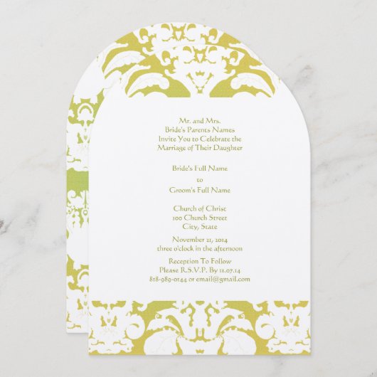 Hints van Butter Yellow Lime Green Damask Wedding Kaart (Voorkant / Achterkant)