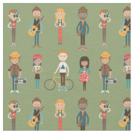 Hip Cartoon Mensen Illustratiepatroon (groen) Stof