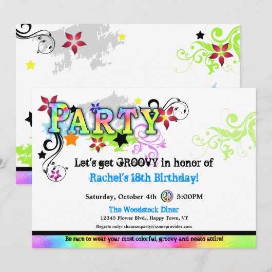 Hip Colorful 'N Groovy Party Invitation Kaart (Voorkant / Achterkant)
