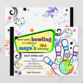 Hip en Colorful Bowling Invitation Kaart (Voorkant / Achterkant)